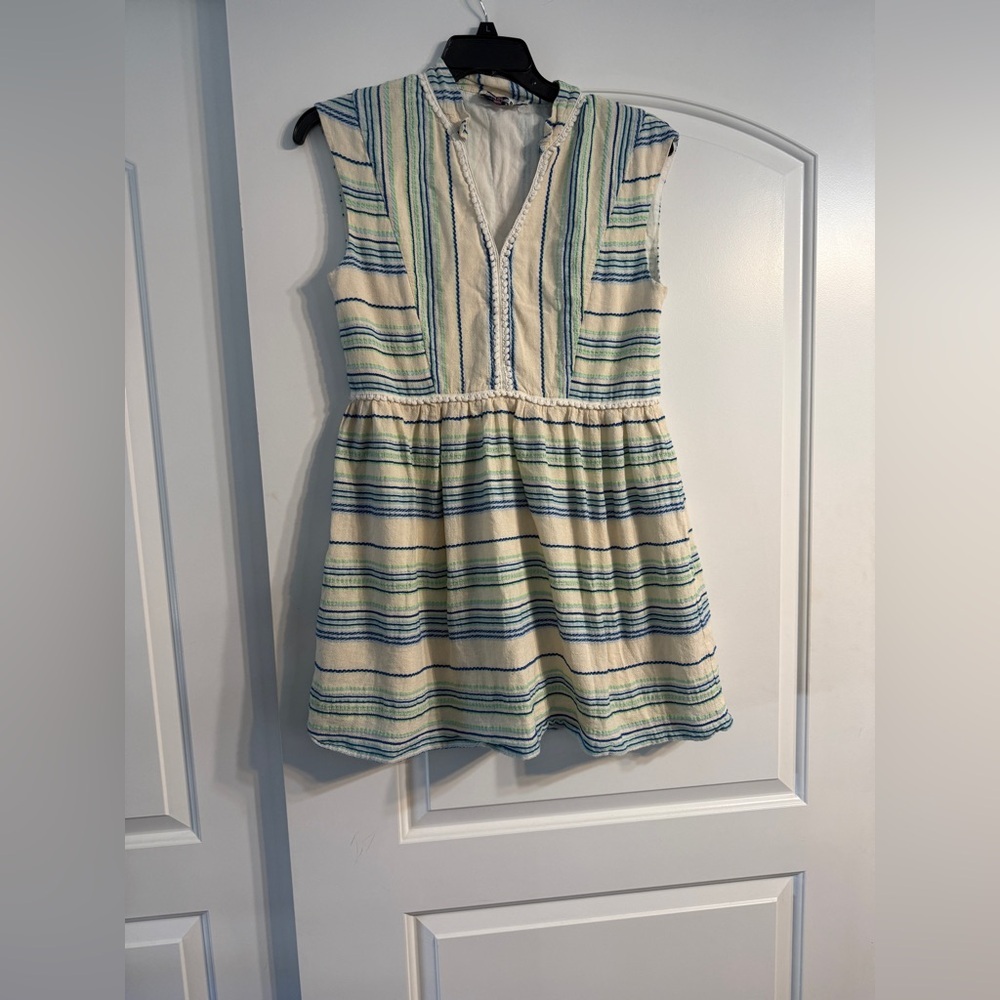 Vineyard Vines Casual Cream Dress with Blue and‎ Green Stripes - Medium